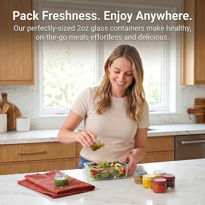 2 oz Glass Dressing Containers With Lids, Sauce Jars for Lunch, 6pk | Airtight ,BPA Free,Perfect for salad dressing sauce dip condiment to go lunch box Accessories , Dishwansher safe