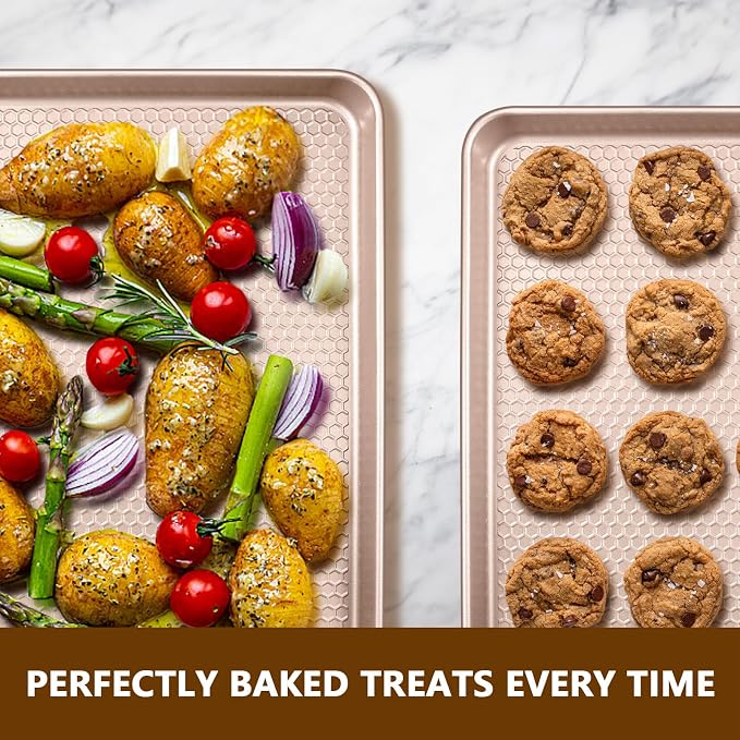 Wildone Baking Sheet Pan Set of 2, Honeycomb Embossed Nonstick Cookie Sheet | Thicker Carbon Steel Half Sheet Pan Oven Tray 17.5x12 Inch, Heavy Duty & Easy Clean, Rose Gold