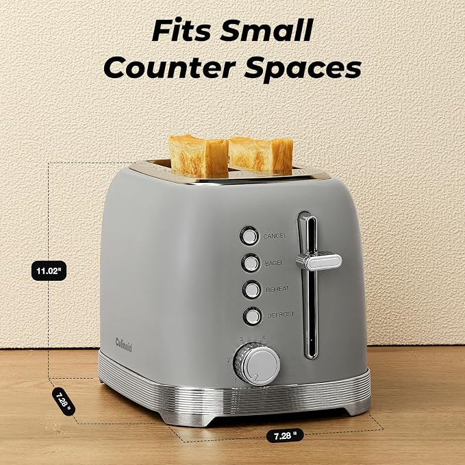 Toaster 2 Slice Retro Stainless Steel, Gray | 1.5” Extra Wide Slots with Bagel, Defrost, Reheat, Cancel Functions, 6 Bread Shade Settings, Removable Crumb Tray