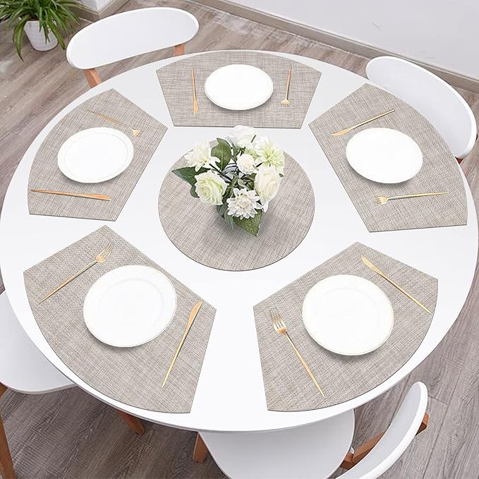 SHACOS Round Table Placemats Set of 7 Wedge Placemats with Centerpiece Round Mats Heat Resistant Washable (7, Beige White Black)