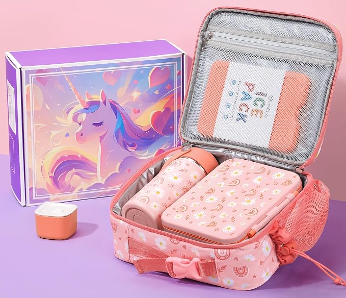 Fimibuke Bento Lunch Box for Kids - Toddler Girls Snack Bento Box Container | with 3 Compartment, 14oz Stainless Steel Water Bottle, Insulated Lunch Bag, Ice Pack Set for Ages 3-12 Daycare, Rainbow Daisy