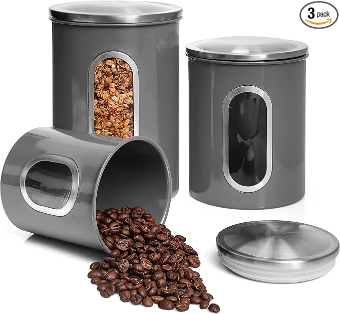 Moss & Stone 3-Pcs Gray Canisters Set for Kitchen Storage Airtight Jars | See-through window, coffee container, tea organizer, sugar canister, 3 nesting sizes, counter decor, easy press-on lids