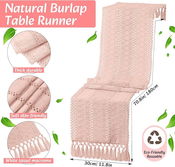 6 Sets Boho Decoration Placemats Round Woven Placemats, Cloth Napkins, Wood Bead Napkin Rings, Long Table Runner and Farmhouse Burlap Cotton for Table Kitchen (Pink,12x72)