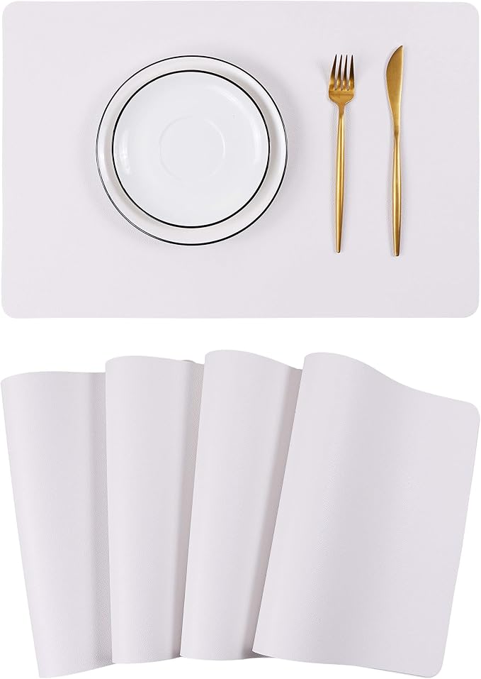 Wipeable Placemats Leather Table Mats Waterproof Heat-Resistant Easy to Clean for Dining Table Set Kitchen Table (4, White)