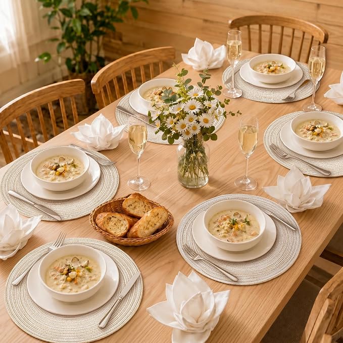 TaroKitc 15 in Round Placemats Set of 6, Washable Woven Placemats Heat Resistant Cotton Polyester Braided Table Mat, Non-Slip Circle Place Mats for Kitchen Dining Table Decor - Beige