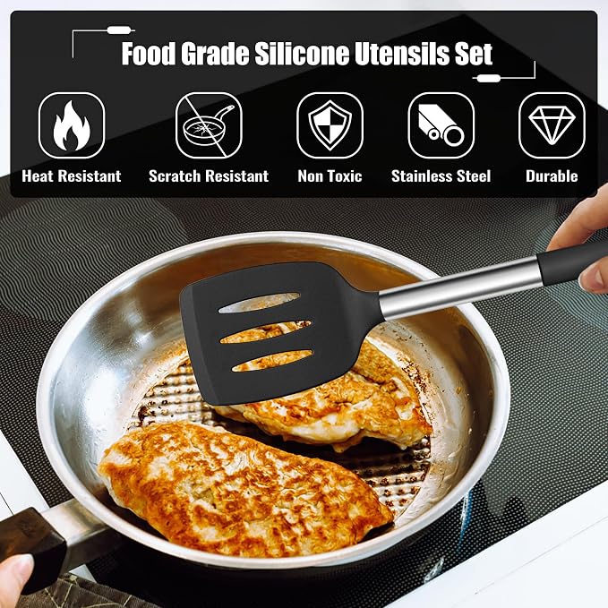 E-far 14 Pieces Silicone Cooking Utensils Set, Kitchen Utensils Set with Holder, Spatula, Ladle, Spoon, Tong, Slotted Turner for Nonstick Cookware, Heat Resistant & Stainless Steel Handle, Black