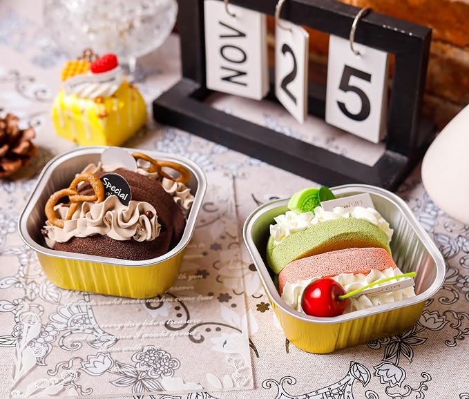 NPLUX Square Aluminum Pans with Lids, 50 Pack Gold for Dessert Displays | Fits bars, pudding, crumble and layered desserts; organized pieces help speed up service lines.