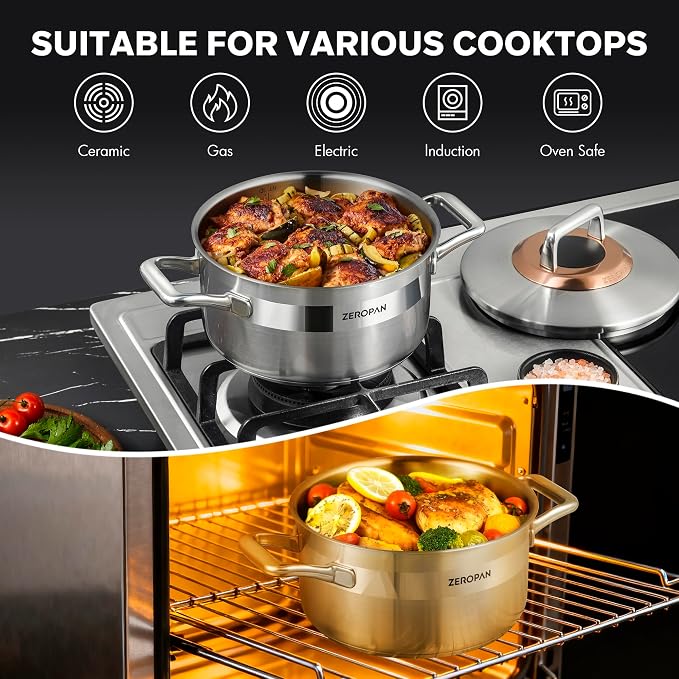 Hybrid Nonstick 4-Quart Stockpot,9.5 Inch Stainless Steel Stockpot with Lid,Non-stick Soup Pot,PFAS PFOA PTFE Free,Dishwasher-Friendly, Oven-Safe Up to 600°F,Compatible with All Cooktops