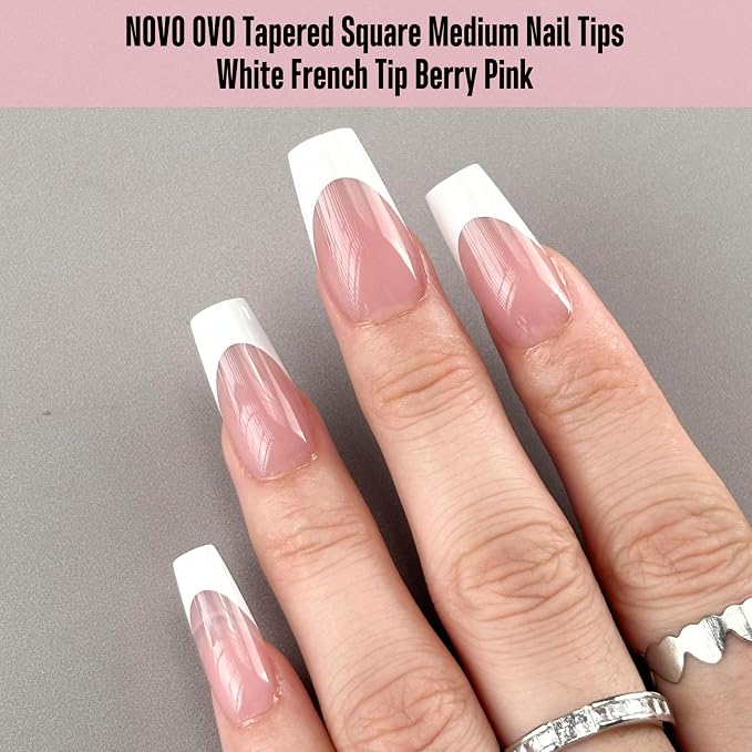 NOVO OVO White French Tip Medium Coffin Nail Tips Press on, BERRY PINK, Extra Thick Soft Gel Fake Nail Acrylic Extension, Need Builder Gel Top Coat, No Glue Included, for Salon DIY 15 Sizes x 240 pcs
