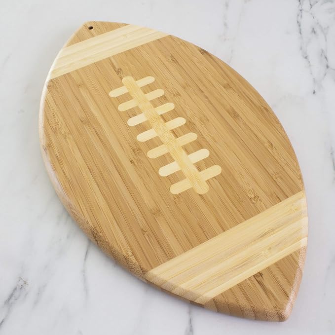 Totally Bamboo Football Shaped Cutting Board and Charcuterie Board | Football serving board for game day watch parties and tailgating. Smooth reverse side for prep. Hangs as decor between uses.