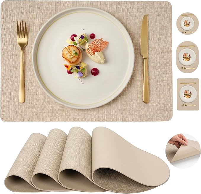 Faux Leather Placemats Set of 4, Wipeable Waterproof Stain Resistant Table Mats, Heat Resistant Thick Placemats with Hand-Painted Edges for Kitchen Dining, Imitative Linen Texture, Various Shapes