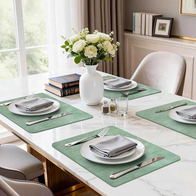 Faux Leather Placemats Set of 6 Heat Resistant Table Mats 17×12 Inch | Waterproof & Wipeable Place Mats Set of 6 Dual Sided Table Placemats for Kitchen Dining Indoor & Outdoor 43×30 CM Sage Green