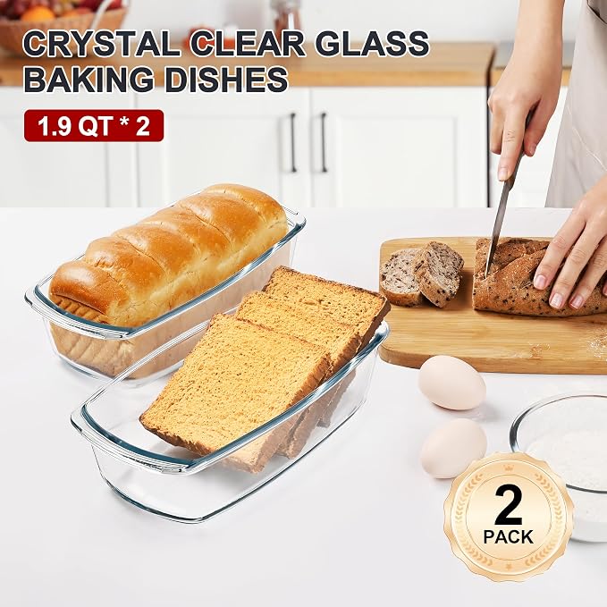 LOVYANXUE 2 Pack Glass Loaf Pan with Lid, 1.9QT/ 62 OZ Bread Pan - Baking Dish with Airtight Lids BPA free - Meatloaf Pans For Homemade Bread, Baking, Cakes, Dessert, Microwave & Oven Safe