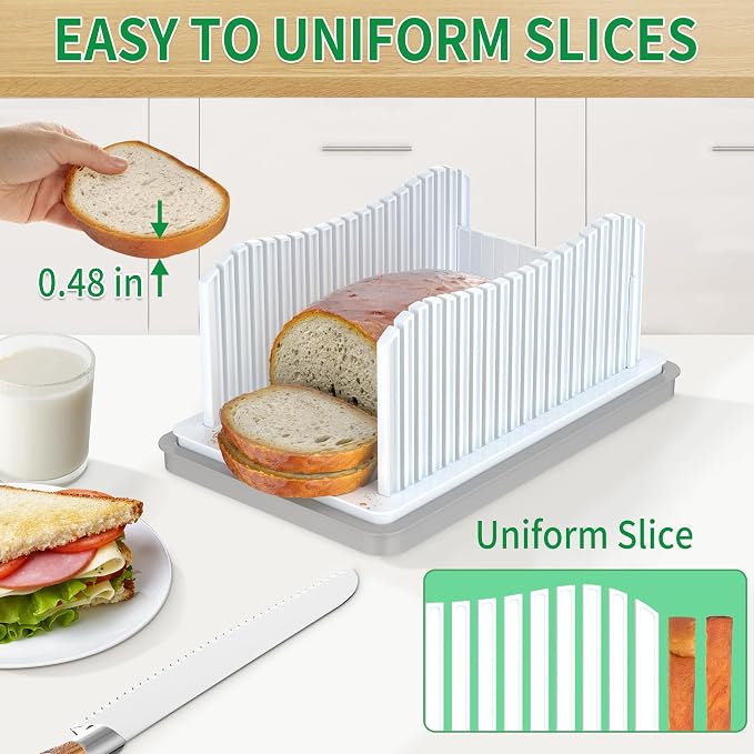 CAWIU Bread Slicer for Homemade Bread, Adjustable Width Bread Slicing Guide | Foldable Bread Cutter with Crumb Tray, Compact Cutting Guide for Loafs, Sandwiches, Bagels, and Cakes