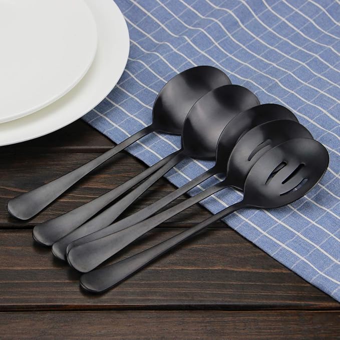AOOSY 8.7Inch Matte Black Stainless Steel Serving Spoon Set,6Pcs | Serving Spoons x 3, Slotted Spoons x 3,Utility Advanced Buffet Utensils, Premium Skimmer & Perforated Design