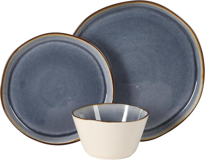 Gibson Elite Algeria River Plates and Bowls Sets, 12-Piece Stoneware Dinnerware Sets, Reactive Glaze Dish Set - Blue