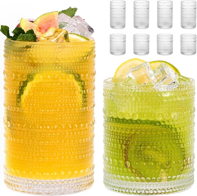 Moretoes Blue Hobnail Drinking Glasses Set of 8, Vintage Glass Cups | 12 Oz Highball Glasses & 10 Oz Cocktail Glasses, Clear Embossed Tumbler Glassware Set for Whiskey, Beer, Juice, Milk