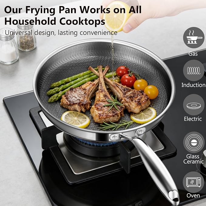 Frying Pans, 10-inch with Lid, Hybrid Frying Pans Stainless Steel Skillets, Dishwasher & Oven-Safe, Stay-Cool Handle, PFOA Free Cookware, Compatible with All Cooktops