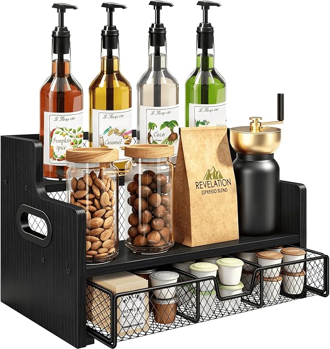 Coffee Syrup Organizer Rack, 3-Tier Syrup Holder Stand with 35 K Cup Storage Drawer, 8 Bottles Capacity, Wood Shelf Liquor Wine Rack for Coffee Bar Countertop, Black
