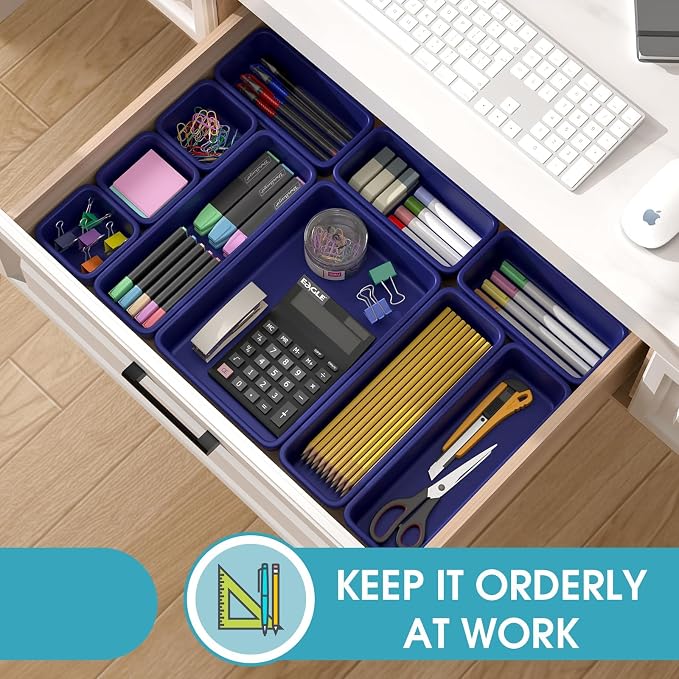 StoreHappily 25 PCS Drawer Organizer Set, 4 Size Makeup Drawer Divider Organizer With Non-Slip Pads, Interlocking Plastic Storage Bins for Office,Jewelry Vanity,Gadgets, Bathroom,Kitchen, Navy