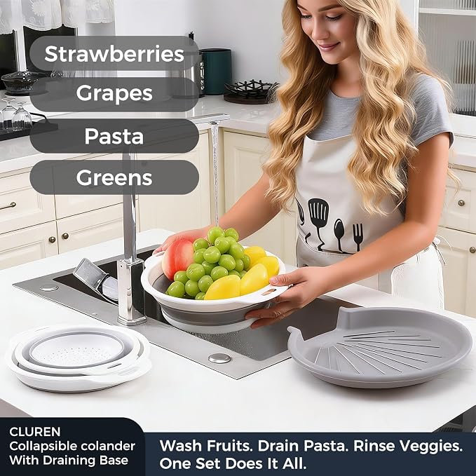 Collapsible Colander Set with Oversized Draining Tray | 3-Pack Foldable Kitchen Strainers + Base | Space Saving for Pasta, Veggies, Fruit & Rice | 5 Colors (Gray-White)