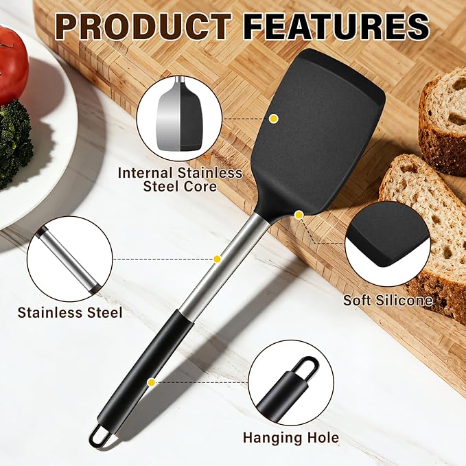 5Pcs Silicone Cooking Utensils Set, Heat Resistant Kitchen Tools Include Solid&Slotted Spatula, Cooking Spoon and Pasta Server, Silicone Kitchen Utensils set for Nonstick Cookware Flipping, Black