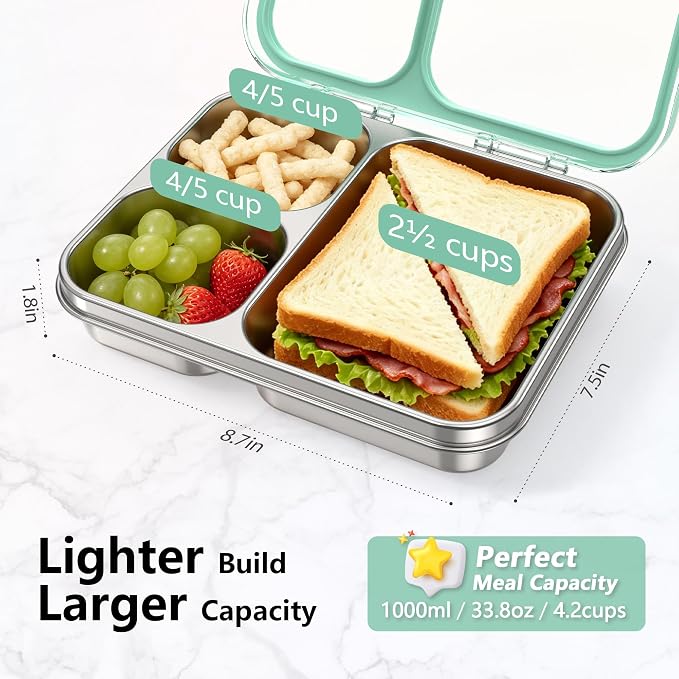 HOMEKOL Stainless Steel Bento Lunch Box 3-Compartment, 4.2Cups, Green | Leak-Proof Metal Lunch Container for Kids & Adults, BPA-Free, Dishwasher Safe, Clear Tritan Lid, 1000ml (Not Insulated)