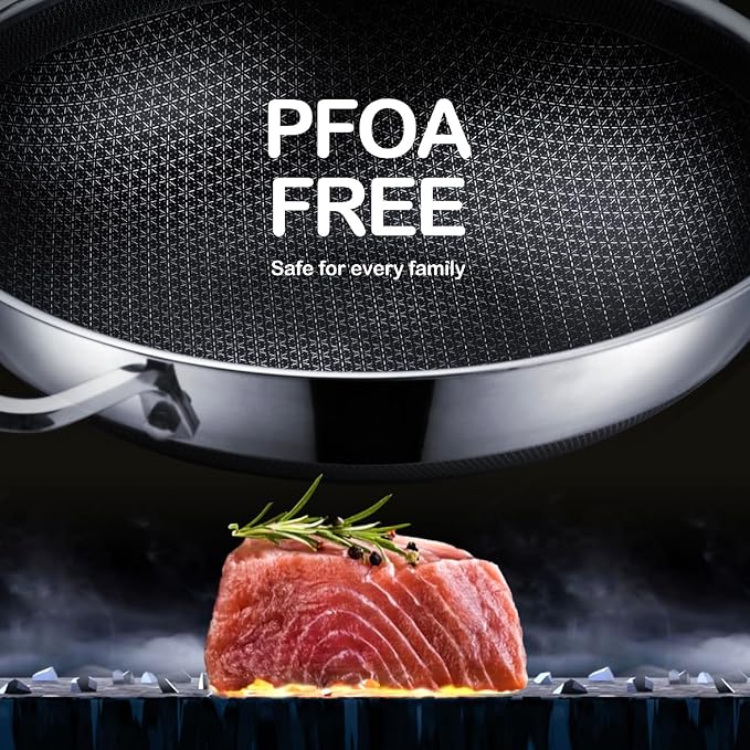DOTCLAD 13 Inch Hybrid Stainless Steel Wok with Lid and Steamer Basket, Non Stick Stir Fry Pan, PFOA-Free, Works on Induction, Dishwasher & Oven Safe