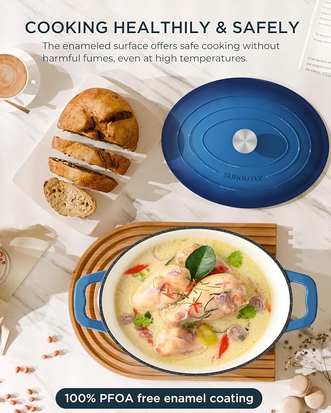 Enameled Cast Iron Dutch Oven - 9.3QT Dutch Oven Pot with Lid & Cotton Potholders - Heavy-Duty Non Stick Casserole Pot for Braising, Stews, Roasting, Baking, Suitable for All Stovetops, Navy Blue