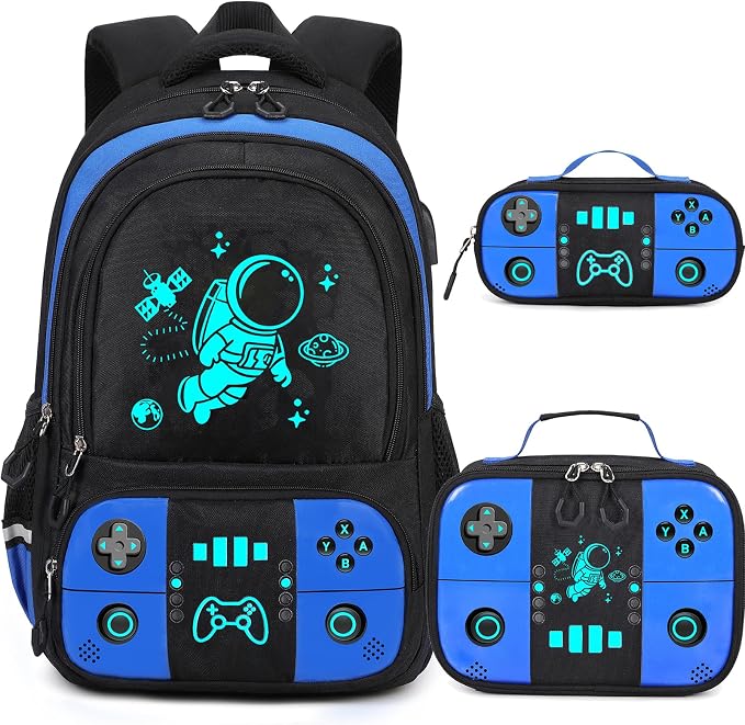 Backpack for School Boys, Cool Luminous Gamer Boys Schoolbag | with Lunch Box & Pencil Case Set for Kids Teens Elementary Middle School, Bookbag Glow In The Dark