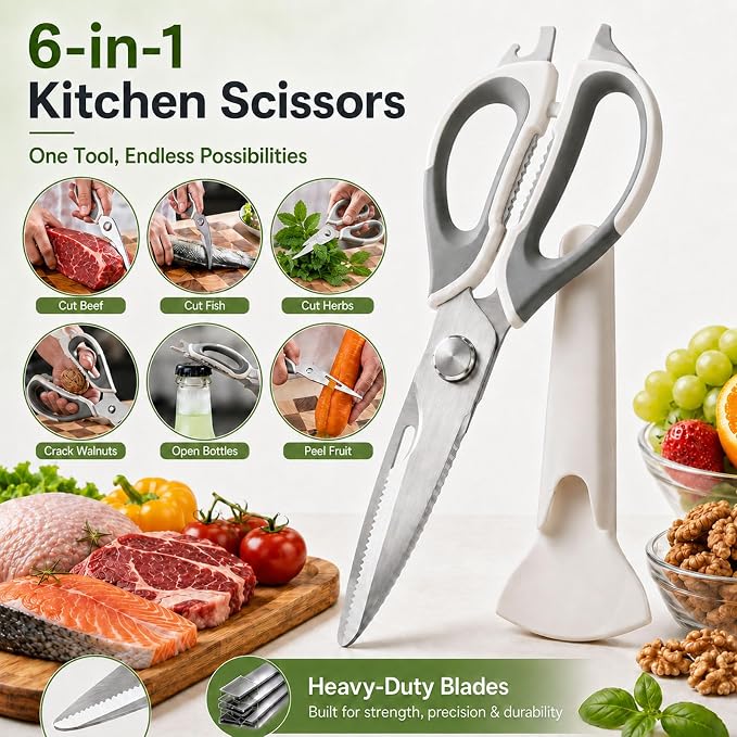 4-Pack Heavy Duty Kitchen Shears, Stainless Steel, Come-Apart Design for Easy Cleaning, Multi-Purpose Cooking Scissors with Magnetic Holder for Fridge Organization Kitchen Tools Set