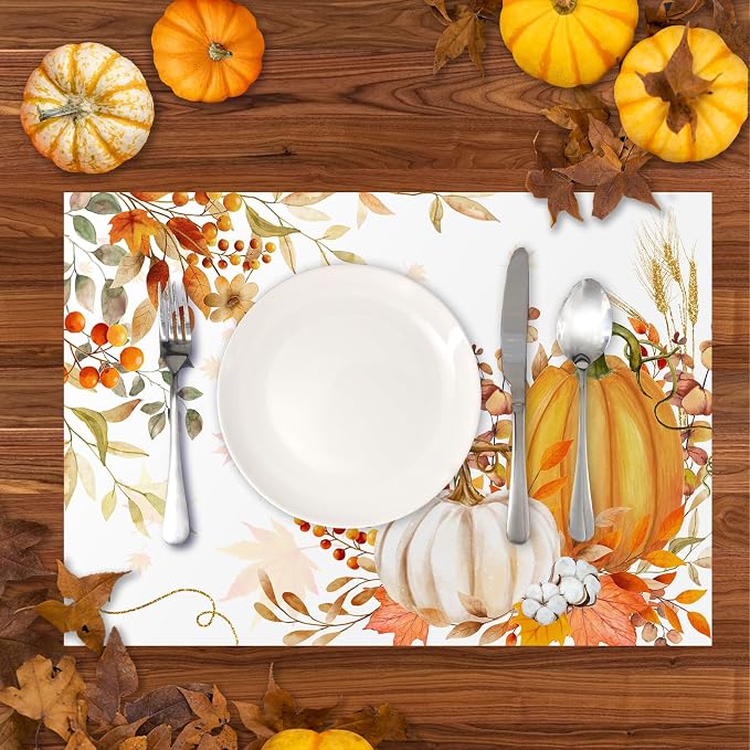 50 Pack Disposable Paper Placemats, Thanksgiving Fall Pumpkin Table Mats | Autumn Pumpkin Maple Leaves Pattern, Holiday Party Kitchen Dining Table Decoration,Thanksgiving Day