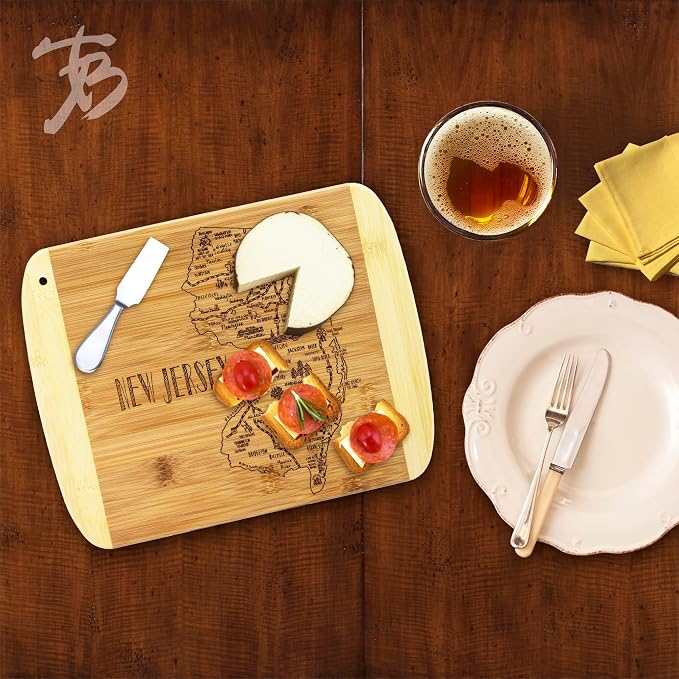 Totally Bamboo A Slice of Life New Jersey Engraved Map Cutting Board | 11” x 8.75” charcuterie board with engraved state map artwork. Smooth reverse side for food prep. Hang tie for wall display.
