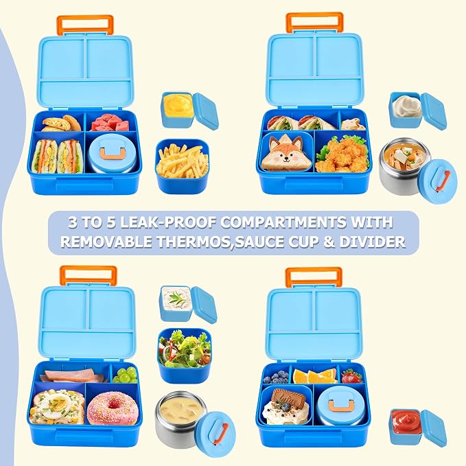 Bento Lunch Box for Kids with Thermo, Leakproof Bento Box with 8oz Insulated Food Jar, Lunch Bag, BPA Free Dishwasher Safe 4 Compartment Container for School Girls Boys (Blue)