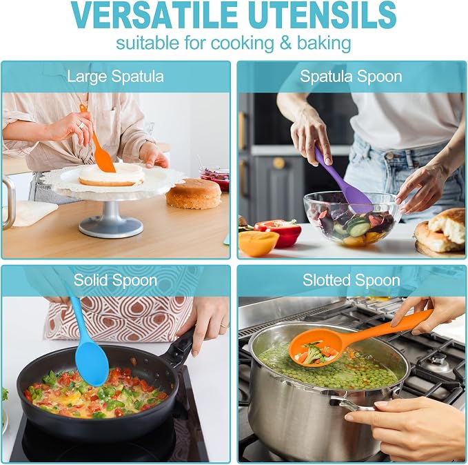 TeamFar Silicone Cooking Utensil Set of 7, Kitchen Cooking Utensil Set | Multi-Color Kitchen Tools Turner Spoon Spatula Ladle for Nonstick Cookware, Healthy & Heat Resistant & Dishwasher Safe