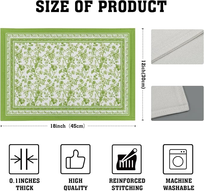 Green Floral Placemats Set of 4 Chinoiserie Boho Flowers Linen Fabric Rectangle Table Mat 12x18 Inch Washable Heat Resistant Outdoor Seasonal for Kitchen and Dining Table Decor