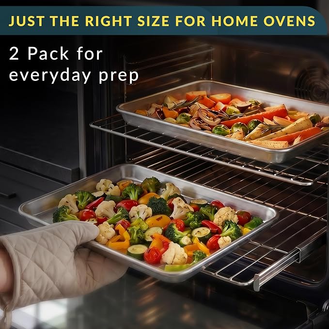 Aluminum Cookie Sheets for Baking Set of 2, 13x9" Quarter Sheet Pans | Anti-warp with reinforced steel rim; even-heat, rust-resistant & easy to clean; food-grade, oven-safe