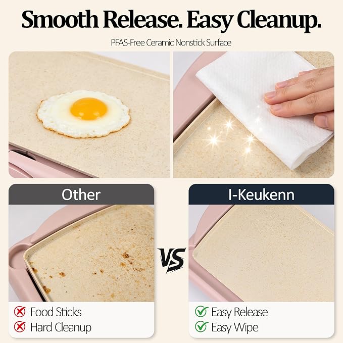 20" Pink Electric Griddle & Skillet with Ceramic Non-Stick Surface, 1400W Family-Sized Extra Large Baking Pan, Adjustable Temperature & Slide-Out Drip Tray