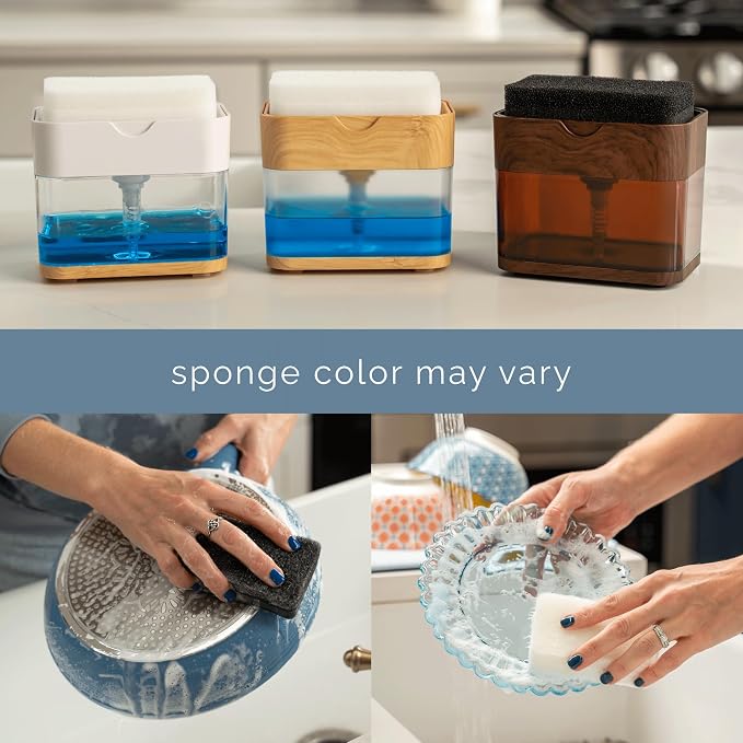 S&T INC. Dish Soap Dispenser and Sponge Holder, Plastic Bamboo | Patented Design, Holds 13 Fluid Ounces, Sponge and Waterproof Labels Included, Non-Slip Feet