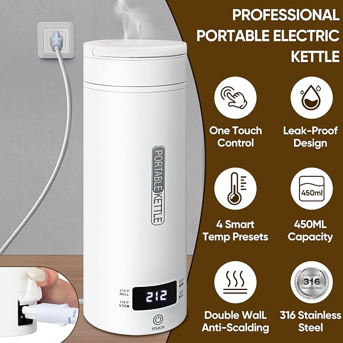 Travel Portable Electric Tea Kettle, Water Boiler,15oz,316 Stainless Steel | Small Coffee Heater, Fast Boiling Water, Auto Shut-off, Boil Dry Protection, 4 Temp Settings, Hotel,RV White
