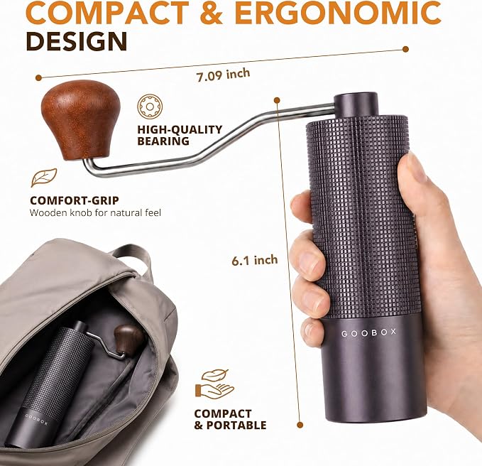 Portable Manual Coffee Grinder, Adjustable Stainless Steel Burr | Portable Aluminum Coffee Grinder with 28-Click Settings for Espresso, Pour Over and French Press
