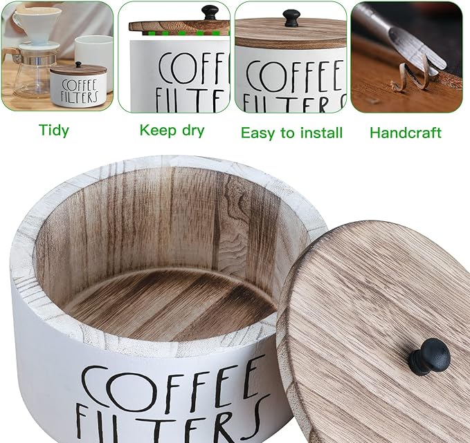 MINCORD Coffee Filter Holder | White Finsh Wood Coffee Filter Storage Container for Counter | Farmhouse Coffee Bar Accessories for Home Office Decor