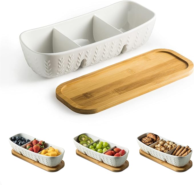 Miamolo Chip and Dip Set Bowl with Divided Serving Tray, Hosting Essentials | Acacia Wood Tray, Ceramic Serving Bowls | Condiment Tray for Dipping Sauces, Party | Kitchen Counter Decor, Microwave Safe