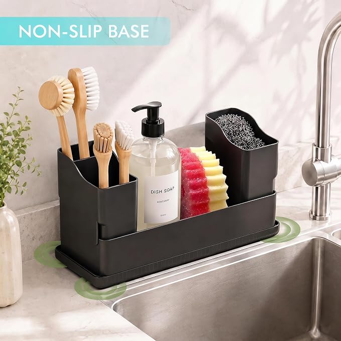 Sponge Holder for Kitchen Sink with Drying Stone, Black | Kitchen Caddy Sink Organizer, 2 Removable Cups, Premium ABS, Anti-Slip, 12.7" Sponge and Soap Holder for Kitchen Counter