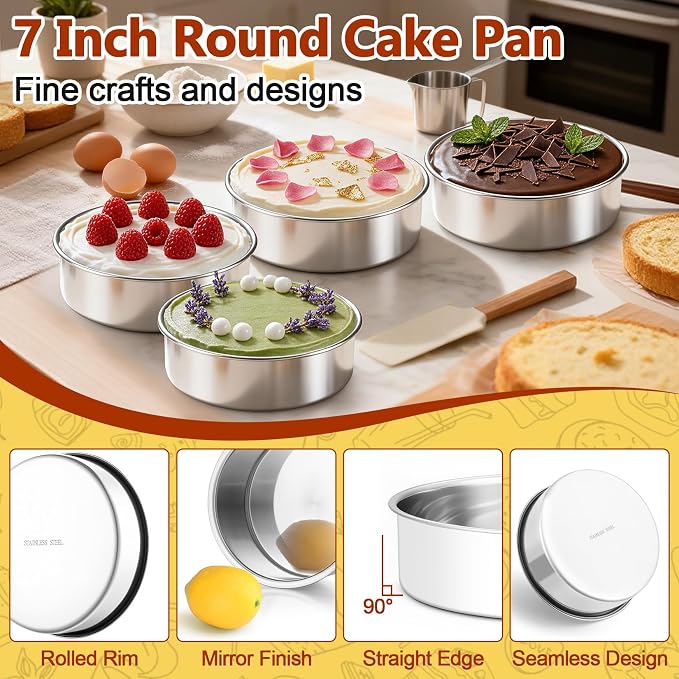 P&P CHEF 7 Inch Cake Pan Set of 4, Stainless Steel Round Cake Baking Pan | Layer Cake Tin Bakeware for Cooking Steaming, Ideal for Birthday Wedding Anniversary, Fit for Home & Commercial Use