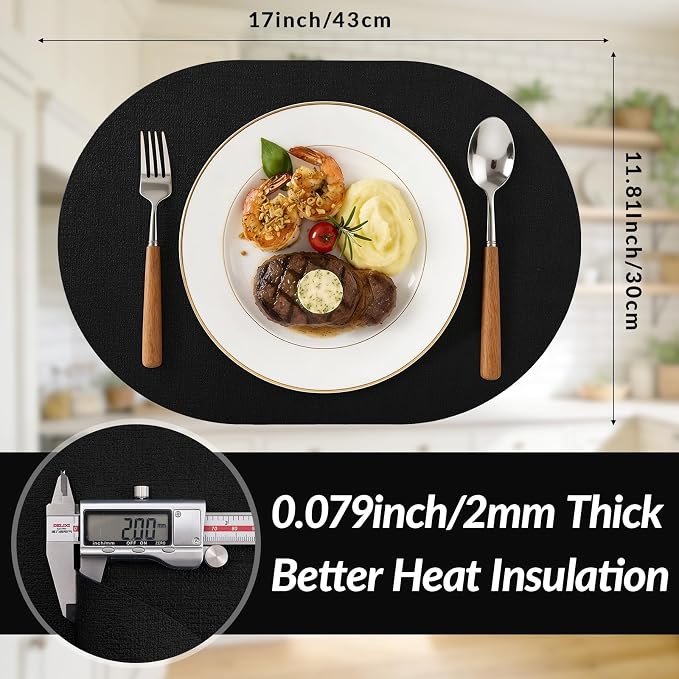 Placemats Set of 8, 11.8 x 17 Inch, Black | Heat Resistant Oval Faux Leather Place Mats, Waterproof Wipeable Reversible PU Placemat, Indoor & Outdoor