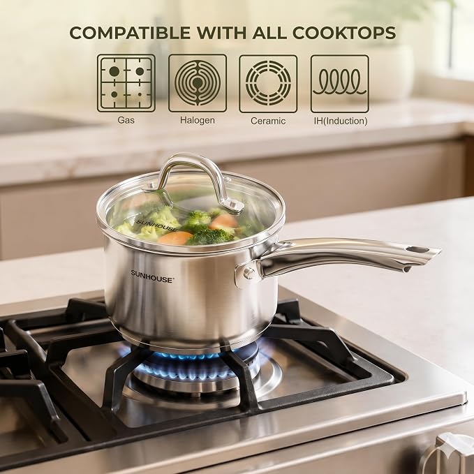 SUNHOUSE 3-Piece Stainless Steel Saucepan Set with Glass Lids | 1.5QT & 2QT & 3QT Small Sauce Pot Set for Cooking - Stainless Steel Milk Pan & Sauce Pan Set - Induction Compatible