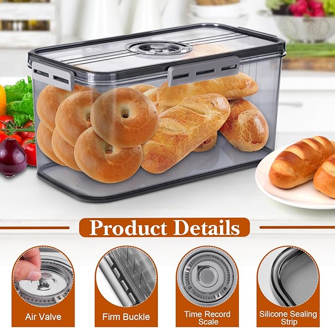 ANYPROLUS Bread Box for Homemade Bread Boxes for Kitchen Counter Airtight, Time Recording Bread Storage Container with Lid, Bread Containers Storage Airtight Loaf Bread Keeper, Large, Dark Grey