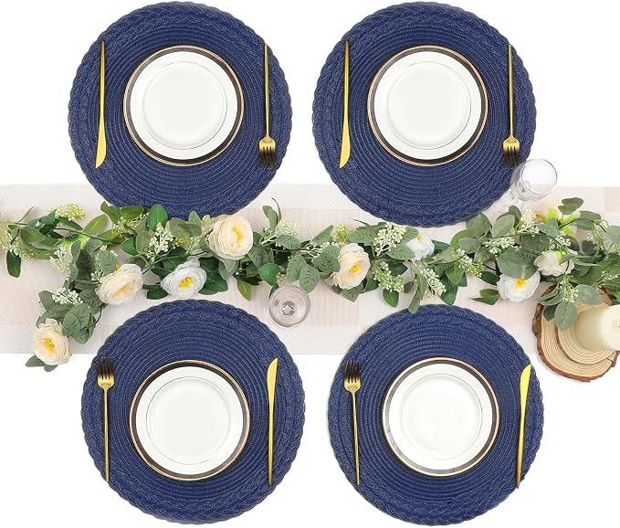 SHACOS Round Placemats Set of 6 Braided Border Fabric Woven Table Mats Washable 15 inch Circle Place Mats for Dining Table, Navy Blue