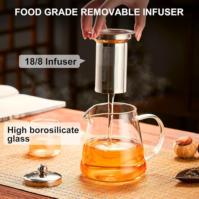 PARACITY Glass Teapot Stovetop 18.6 OZ, Borosilicate Clear Tea Kettle with Removable 18/8 Stainless Steel Infuser, Teapot Blooming and Loose Leaf Tea Maker Tea Brewer for Camping, Travel (550ML) | Tea infuser & tea strainer. Blooming tea; clear teapot,...